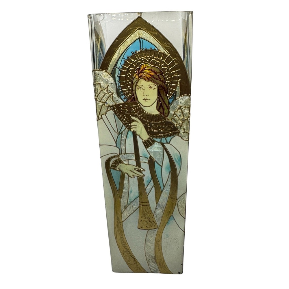 Joan Baker Designs Hand Painted‎ Glass Angel Vase Stained Glass Gold Blue 10"